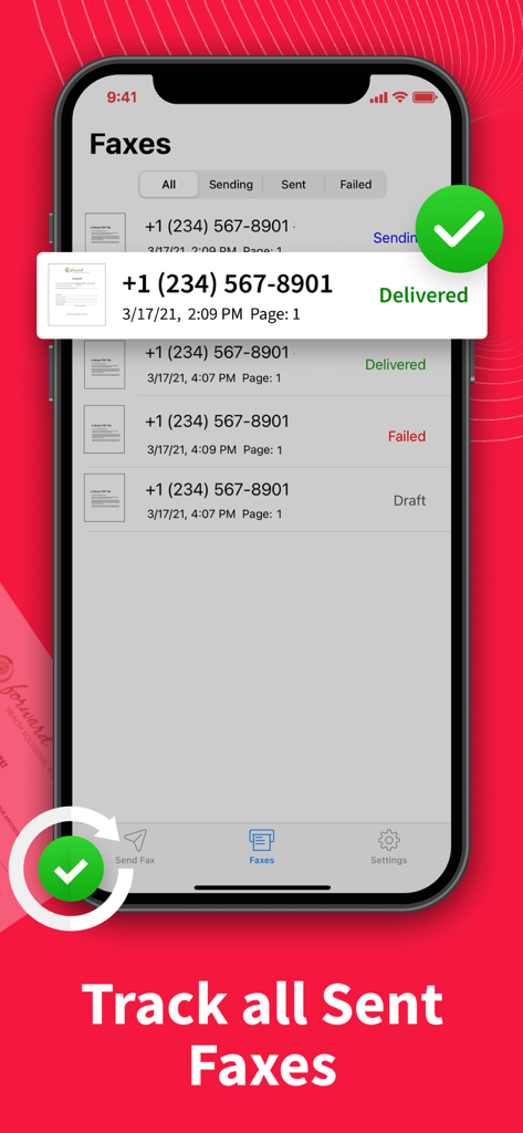 Pantalla móvil que muestra el historial de faxes enviados y notificaciones del estado de entrega