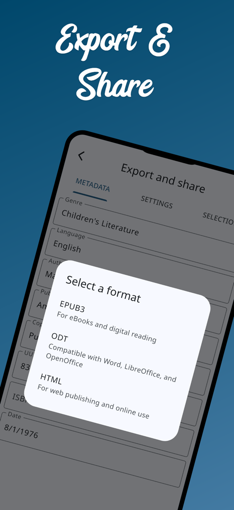 Export and share screen in the Novelist app showing format options for EPUB, ODT, and HTML.