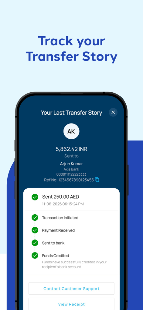 Real-time money transfer tracking status screen in the Lulu Money app showing a completed transaction to India
