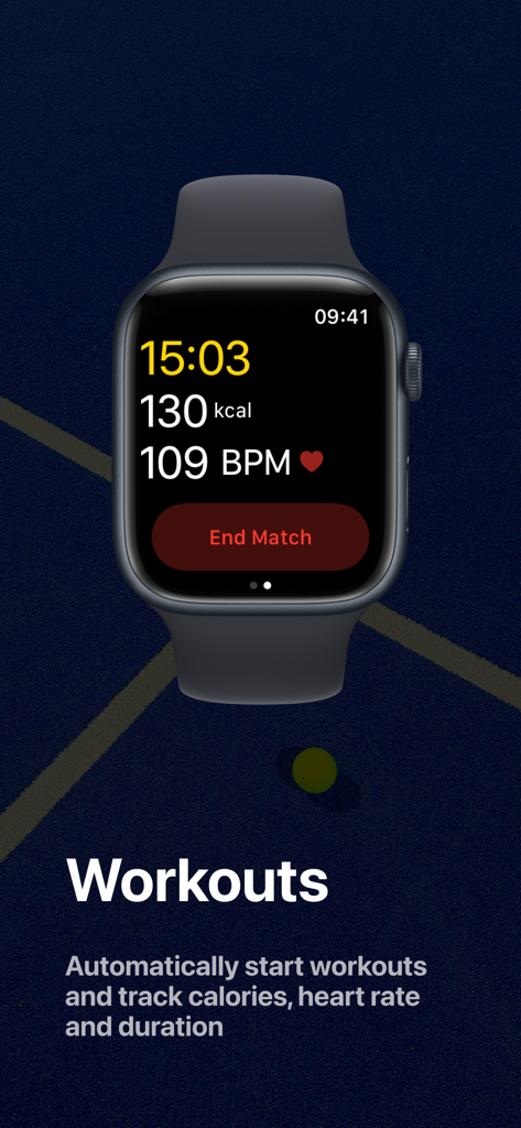 Apple Watch affichant les métriques d'entraînement de PadelTick, y compris la fréquence cardiaque et les calories