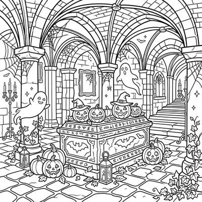 Step into a world where ancient architecture meets Halloween thrills with this unique coloring page. Bring to life spooky ghosts, glowing jack-o'-lanterns, and mysterious crypts with your favorite colors.