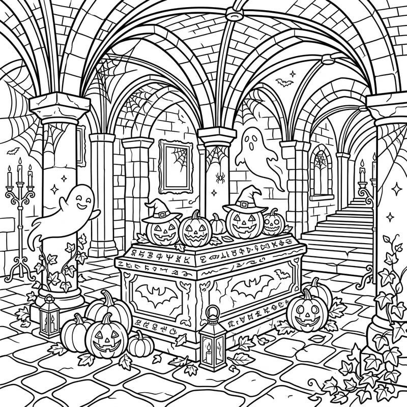 Step into a world where ancient architecture meets Halloween thrills with this unique coloring page. Bring to life spooky ghosts, glowing jack-o'-lanterns, and mysterious crypts with your favorite colors.
