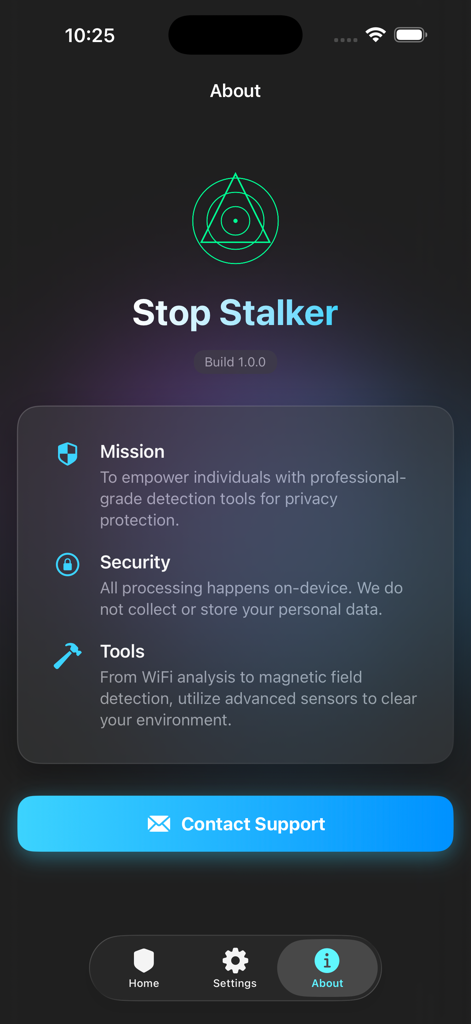 Stop Stalker - About screen of the Stop Stalker app displaying its mission statement and commitment to on-device security.