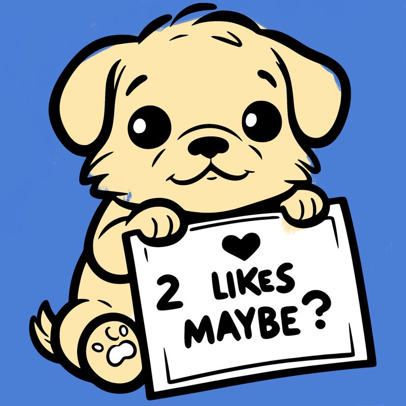 a puppy holding a sign that says 2 likes maybe?