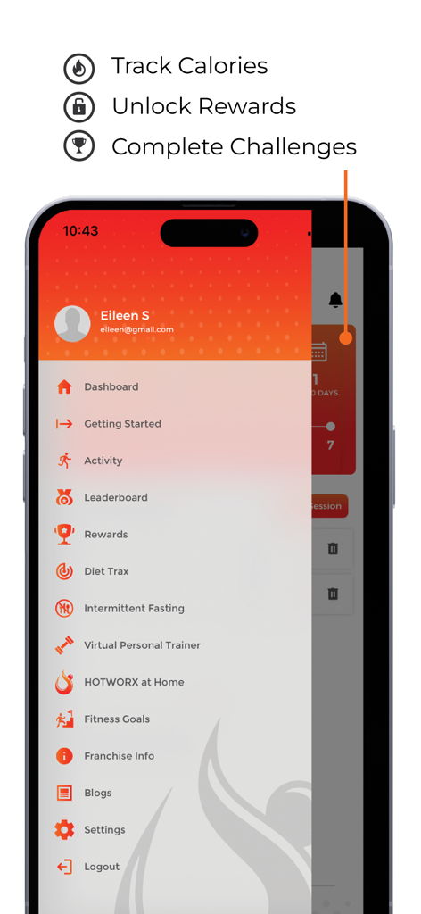 HOTWORX - HOTWORX app sidebar menu showing workout tracking and rewards features
