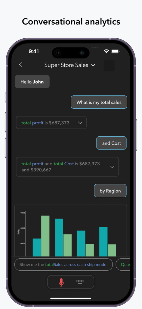 Zoho Analytics - Mobile BI App - Zoho Analytics mobile app showing conversational BI with a chat interface and data charts