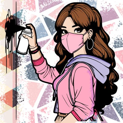 realistic girl with mask spray painting a wall