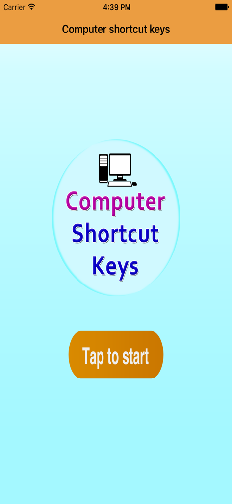 컴퓨터 단축키 앱의 홈 화면으로, 데스크탑 컴퓨터 아이콘과 '시작하려면 탭하세요' 버튼이 있습니다.