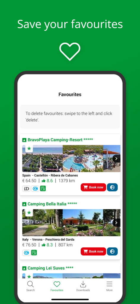 ACSI Campsites Europe app screen showing a list of saved favorite campsites with photos and booking options