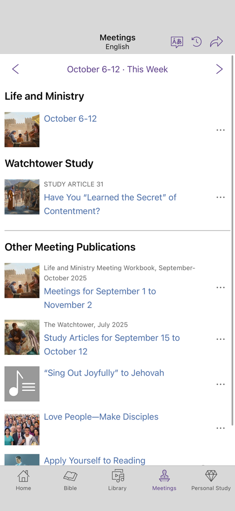 The Meetings section of the JW Library app showing weekly study materials and religious publications.