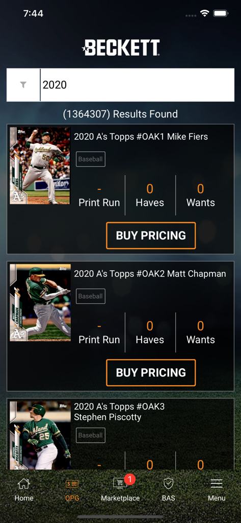 Interface do aplicativo Beckett Mobile mostrando resultados de busca do guia de preços de cards de beisebol