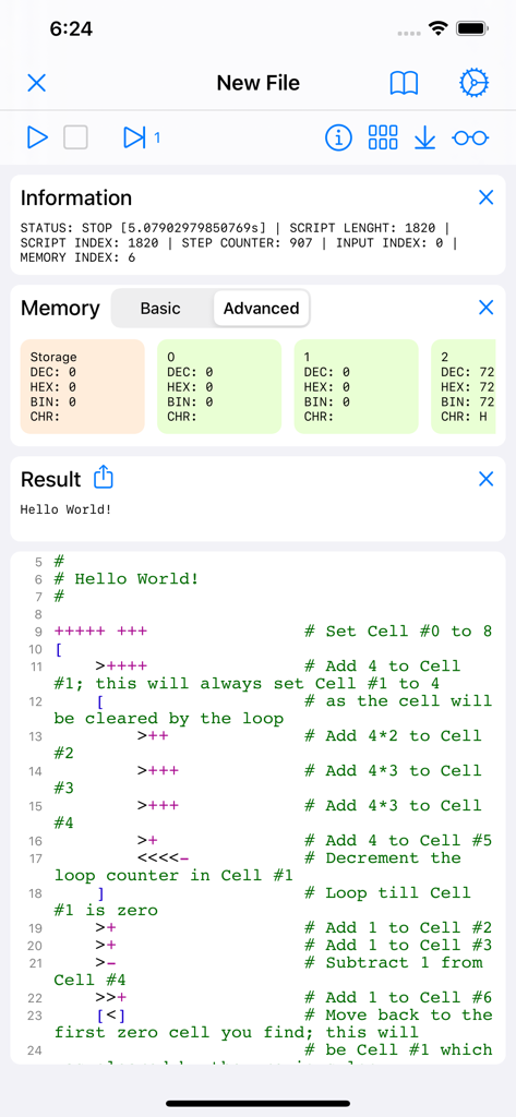 Interfaz de la aplicación móvil IDE de Brainfuck que muestra código fuente y depurador de memoria