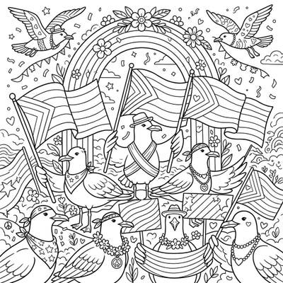 Join a delightful flock of seagulls as they proudly celebrate Pride Month with flags, rainbows, and festive cheer. This engaging coloring page, designed with clear outlines, offers a wonderful way for seniors to relax and express creativity.