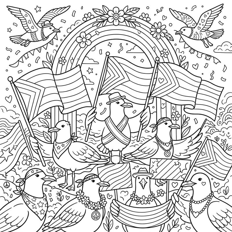 Join a delightful flock of seagulls as they proudly celebrate Pride Month with flags, rainbows, and festive cheer. This engaging coloring page, designed with clear outlines, offers a wonderful way for seniors to relax and express creativity.