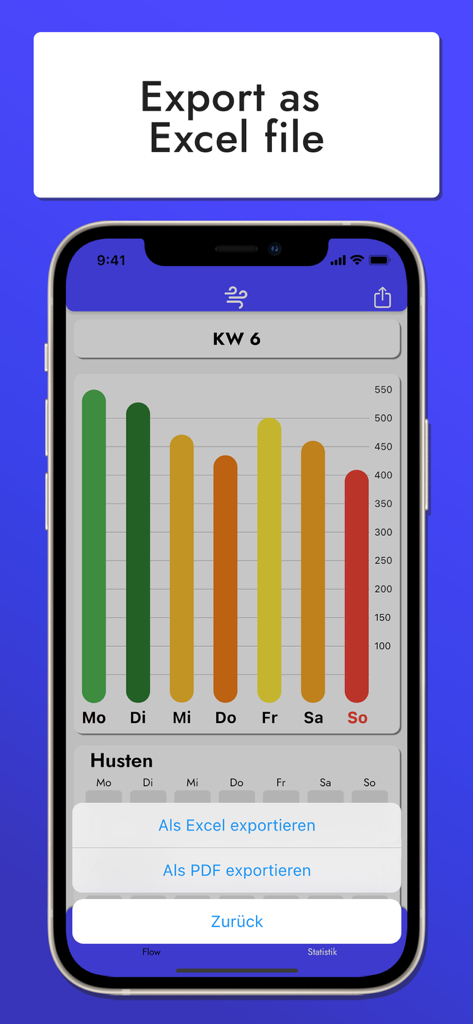 Your Peak Flow - Mobile app interface showing a weekly asthma peak flow bar chart with options to export data as an Excel or PDF file