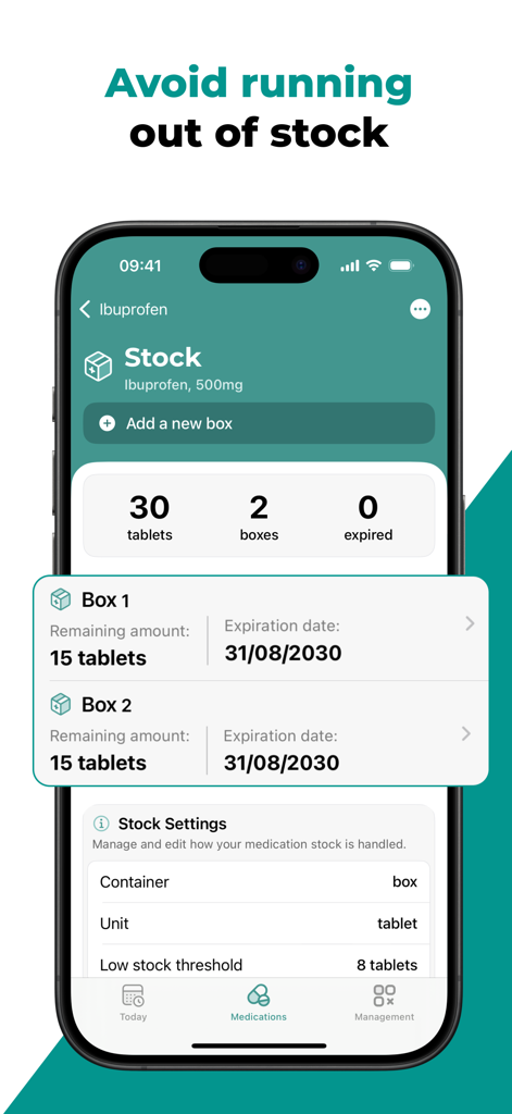 Interface AppyCare montrant la gestion du stock de médicaments avec le nombre de pilules et les dates d'expiration