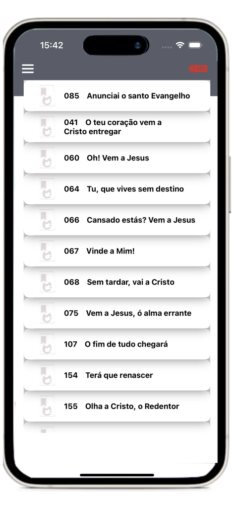 Hinário CCB Nº 05 - Interface of the Hinário CCB Nº 05 app showing a list of religious hymns in Portuguese