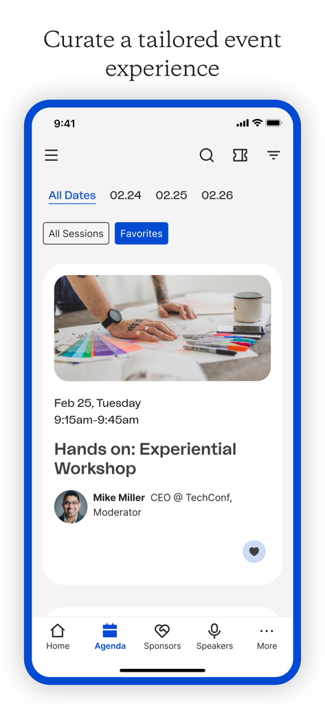 Interface do aplicativo Bizzabo mostrando uma agenda personalizada de eventos e detalhes de workshops.