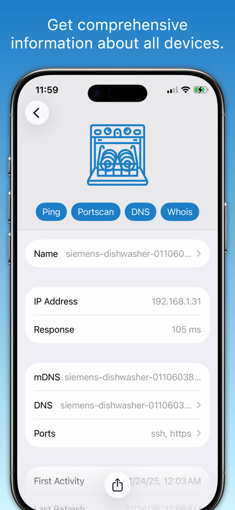 Network Radar - Detailed network information and diagnostic tools for a connected smart home device in the Network Radar app