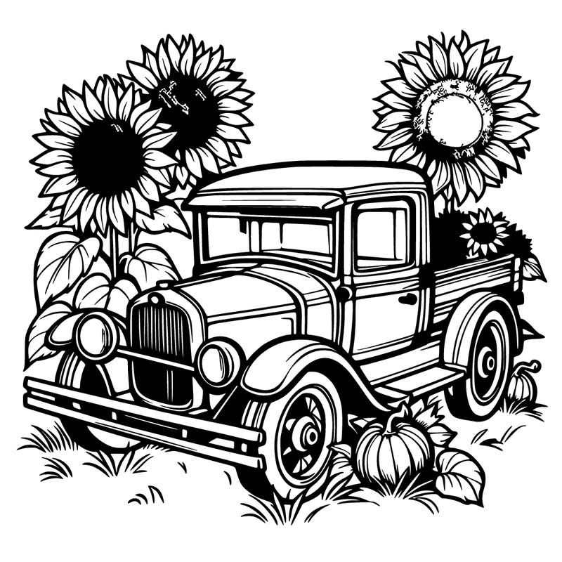 old truck and sunflowers
