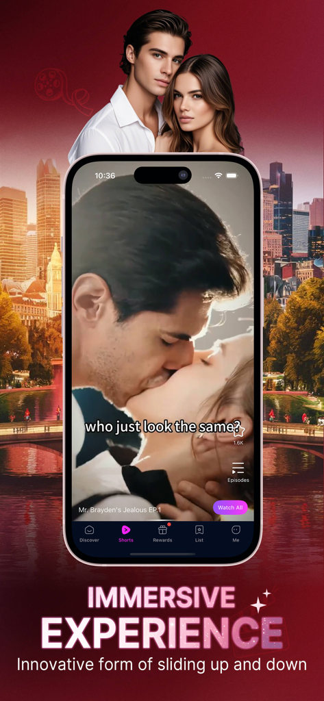 AnyReel - Good Short & Drama - AnyReel app interface showing a romantic short film scene on a smartphone