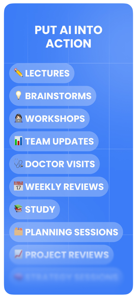 AI Note Taker & Voice Notes - Una lista de casos de uso de productividad para la aplicación AI Note Taker como conferencias, lluvias de ideas, talleres y actualizaciones de equipo.