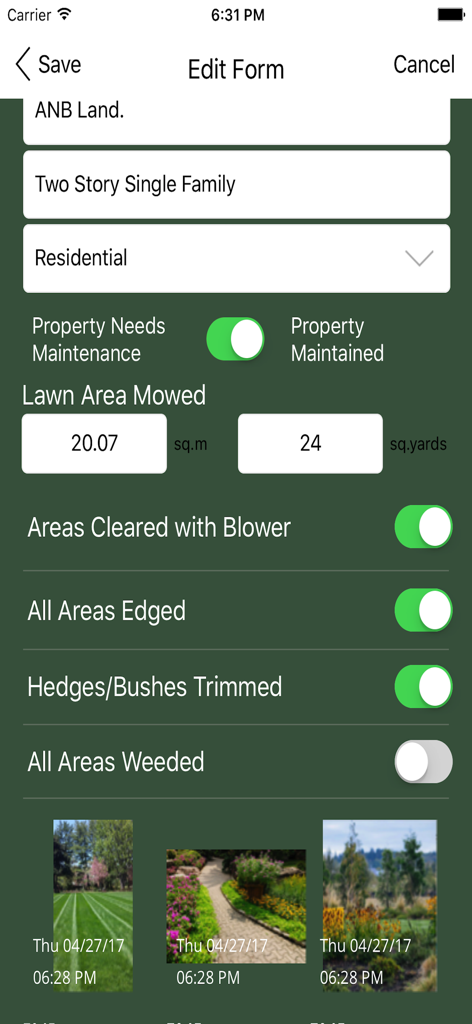 Digital form in the Landscape Maintenance Pro app for tracking services with time stamped photos