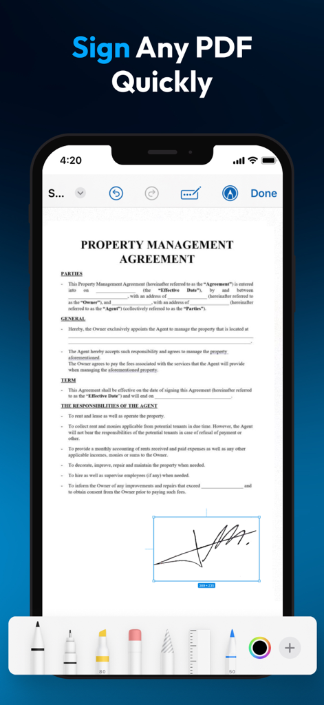 PDF Scanner : File Manager - Firmando un acuerdo de gestión de propiedades en un iPhone usando la aplicación SparkSign