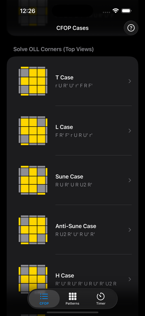 A list of OLL cases and algorithms in the CFOP Learning speedcubing app