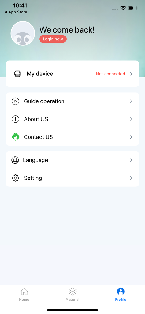 Luck Jingle - La pantalla de configuración del perfil de la app Luck Jingle mostrando el estado de conexión del dispositivo y las opciones de cuenta.