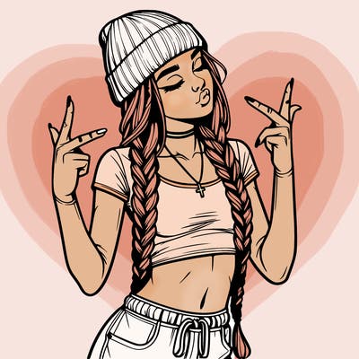realistic teenage girl with braids and a beanie and crop top doing 🫶🏼