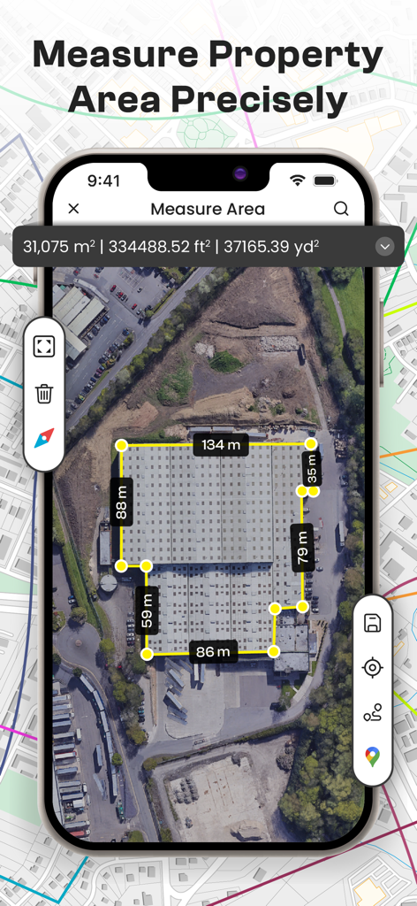 GPS Fields Area Measure on Map - Um smartphone mostrando uma interface de mapa de satélite medindo a área e o perímetro precisos de um edifício
