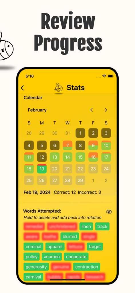 Spelling Bee App: Today's Game - A mobile interface for a spelling bee app showing a monthly progress calendar and a list of correct and incorrect words attempted.