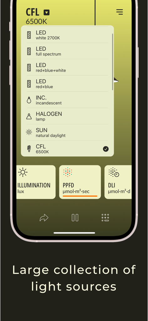 Light Meter: Lux-525 Pro - Selection menu of various light sources in the Light Meter Lux-525 Pro app including LED, halogen, and natural sunlight.