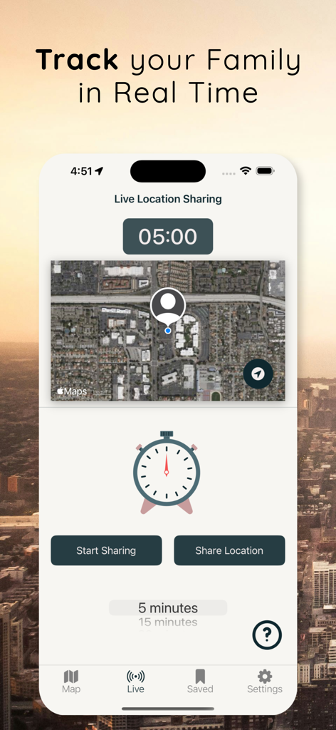 Live GPS Location Sharing - Screenshot of the Live GPS Location Sharing app showing real-time family tracking on a map with a duration timer