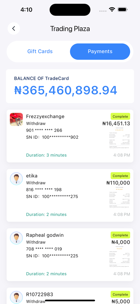TradeCard - TradeCard app screenshot showing the payments tab with a list of completed withdrawal transactions and a total account balance.