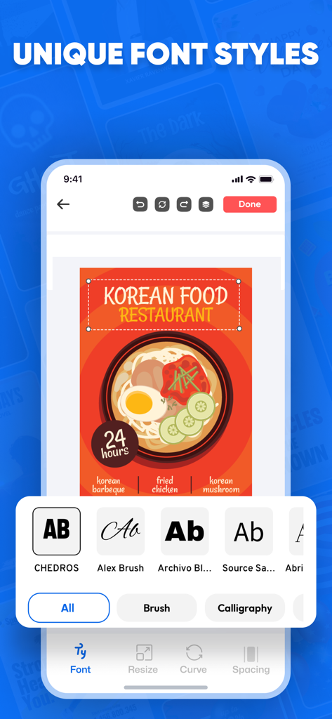 Poster Maker: & Flyer Maker - Interface d'application mobile montrant des styles de police uniques pour la conception d'une affiche de restaurant.