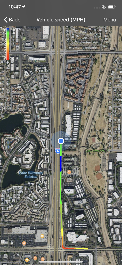 OBDLink - OBDLink app GPS tracking screen displaying vehicle speed data on a satellite map