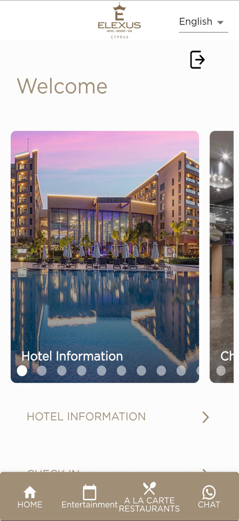 Elexus Hotel & Resort & Spa - Welcome screen of the Elexus Hotel and Resort app showing a luxury pool and hotel exterior
