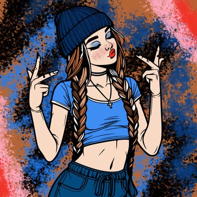 realistic teenage girl with braids and a beanie and crop top doing 🫶🏼