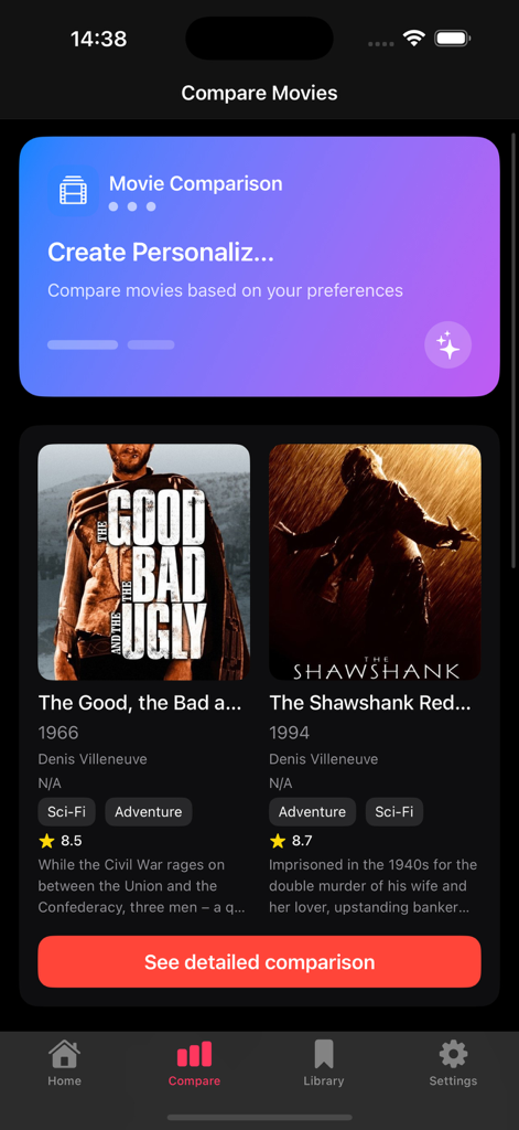 Dodo: Webview Movies By Moods - Interface of the Dodo app showing a side by side movie comparison with ratings and details