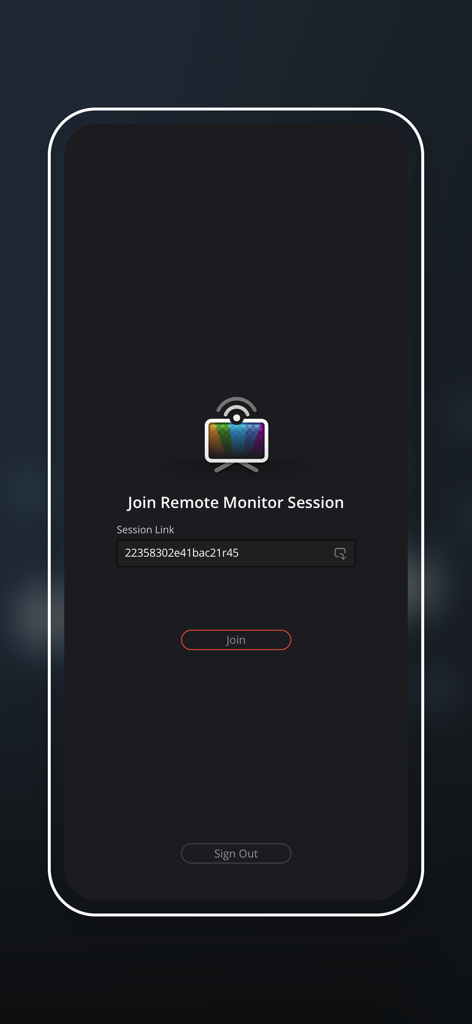Join screen of DaVinci Remote Monitor app showing the session link input field