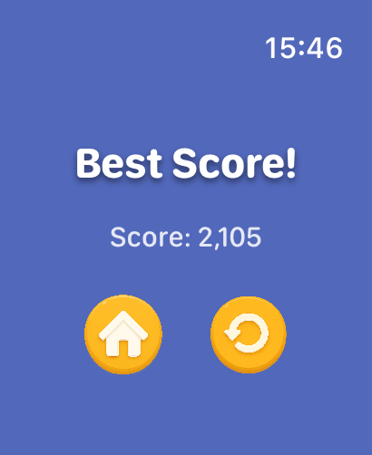 Block Blast에서 2,105점의 최고 점수와 홈 및 다시 플레이 버튼을 보여주는 Apple Watch 화면.