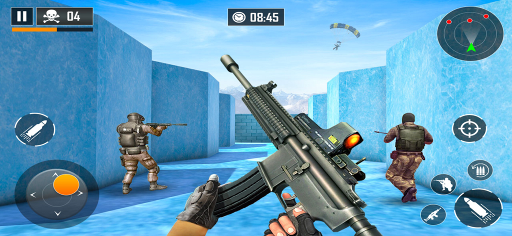 Fire Fury Max - First person perspective of gameplay in Fire Fury Max showing a rifle and soldiers in a blue arena