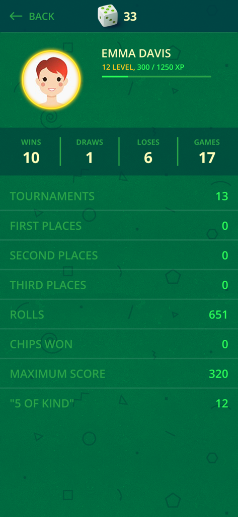 User profile dashboard in the Dice Club US app displaying player statistics including wins losses and game history