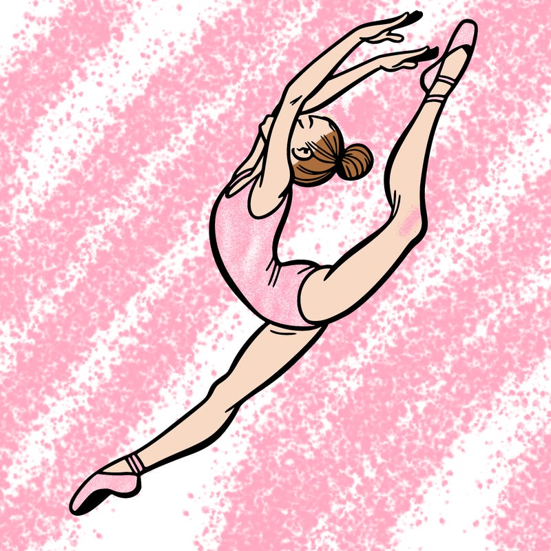 gymnast doing a leap in a leotard with a bent back leg