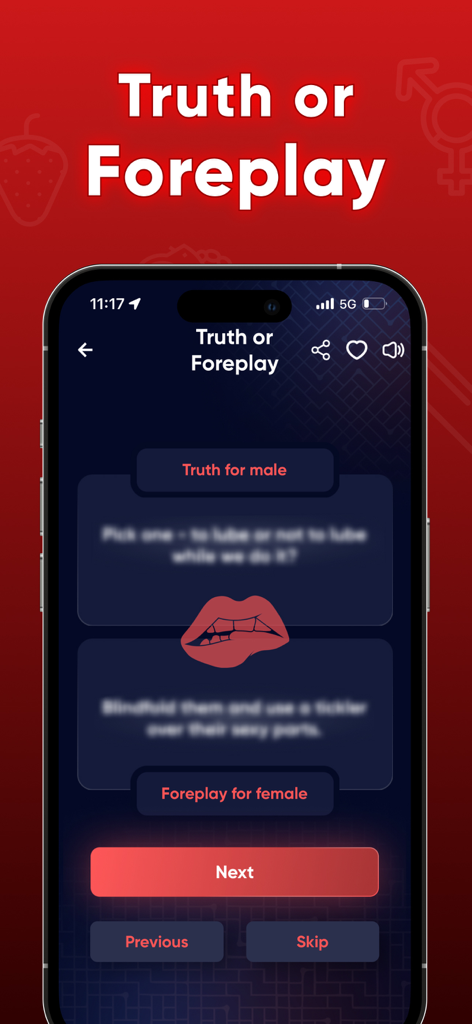 7 Sexy Games for Adult Couples - Captura de tela do modo de jogo Verdade ou Preliminares no aplicativo We2 para casais adultos