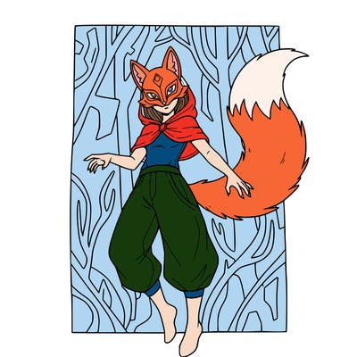 a cute therian girl (some one who is part animal) with a fox mask and tail