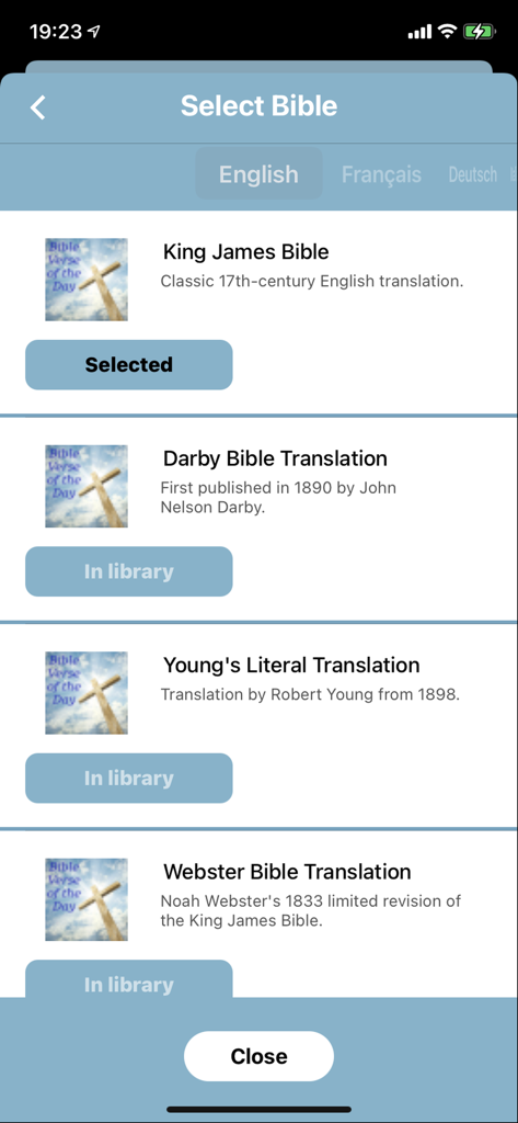 오늘의 성경 구절 앱의 화면으로 킹 제임스, 더비 등 영어 성경 번역본 목록이 표시되어 선택할 수 있습니다.