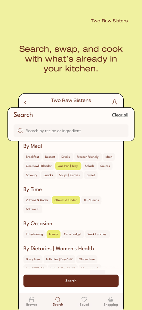 Two Raw Sisters Recipes - Search screen of the Two Raw Sisters Recipes app showing filters for meal types, prep time, and dietary preferences.